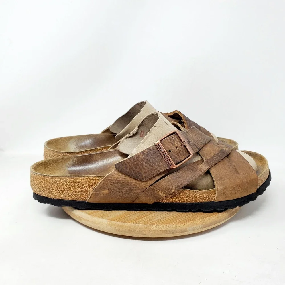 Birkenstock Lugano Sandals 44 Mens 11 Tobacco Oiled Leather Straps Shoes